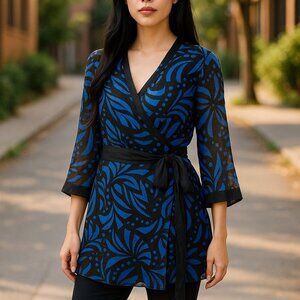 Silkland Womens Size Small Black & Blue Wrap Blouse 100% Silk